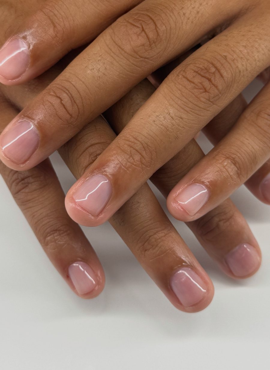 Natural builder gel manicure with a glossy nude finish